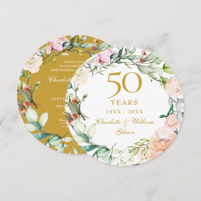 50th Golden Wedding Anniversary Roses Garland  Invitation (Front/Back)
