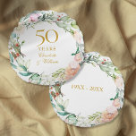 50th Golden Wedding Anniversary Roses Garland  Round Pillow<br><div class="desc">Featuring a delicate watercolor floral garland,  this chic botanical 50th wedding anniversary keepsake pillow can be personalised with your special anniversary information in elegant gold text. Designed by Thisisnotme©</div>