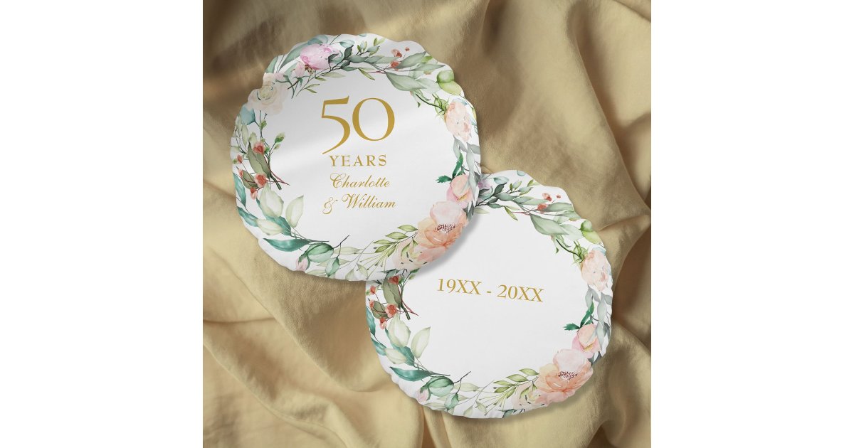 50th Golden Wedding Anniversary Roses Garland Round Pillow | Zazzle