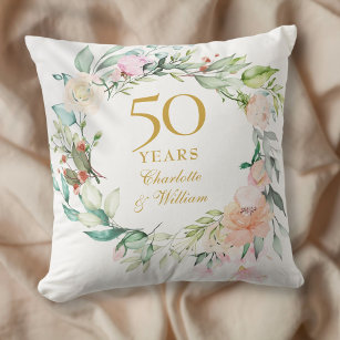 50th Golden Wedding Anniversary Roses Garland  Throw Pillow