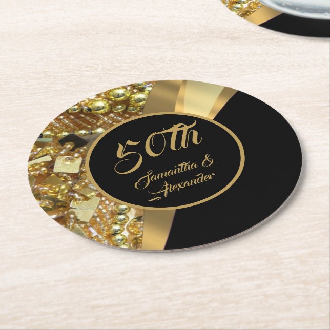 50th golden wedding anniversary round paper coaste round paper coaster (Angled)