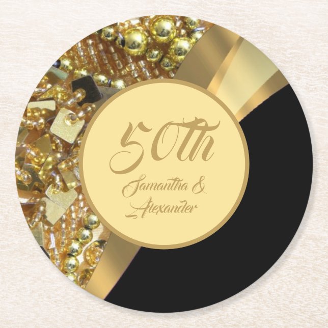 50th golden wedding anniversary round paper coaster (Front)