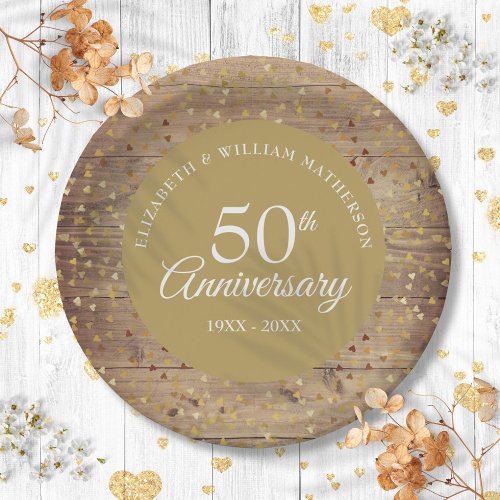 50th Golden Wedding Anniversary Rustic Confetti Paper Plates