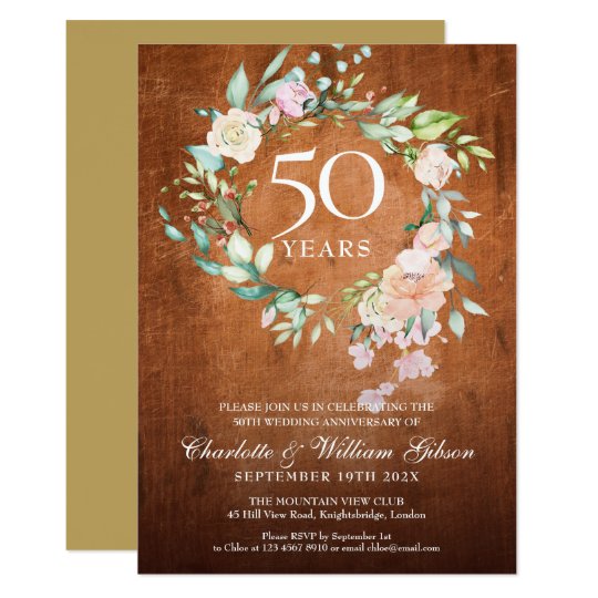 50th Golden Wedding Anniversary Rustic Wood Floral Invitation | Zazzle.com