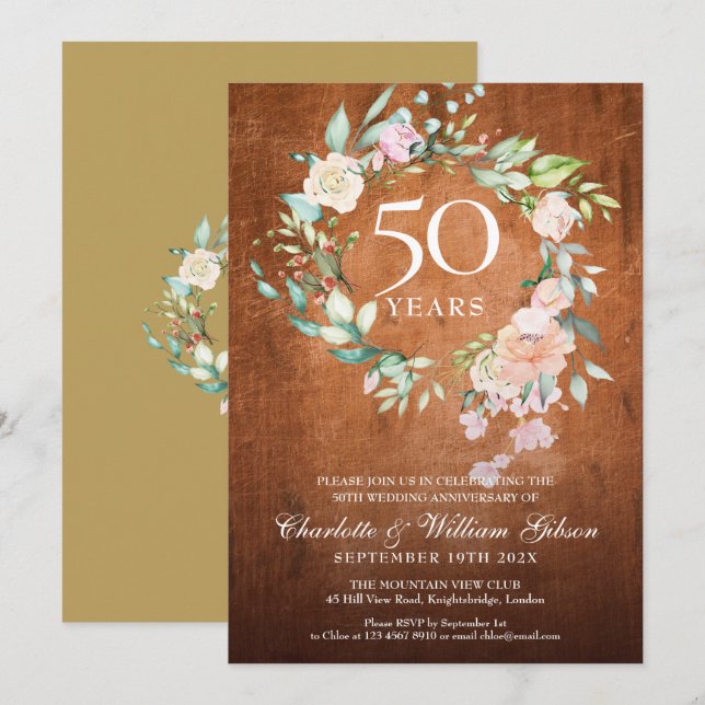 50th Golden Wedding Anniversary Rustic Wood Floral Invitation (Front/Back)
