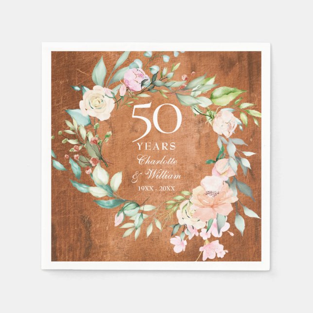 50th Golden Wedding Anniversary Rustic Wood Floral Napkins (Front)