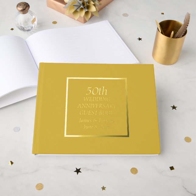 50th Golden Wedding Anniversary Simple Stylized Foil Guest Book (Front Open)