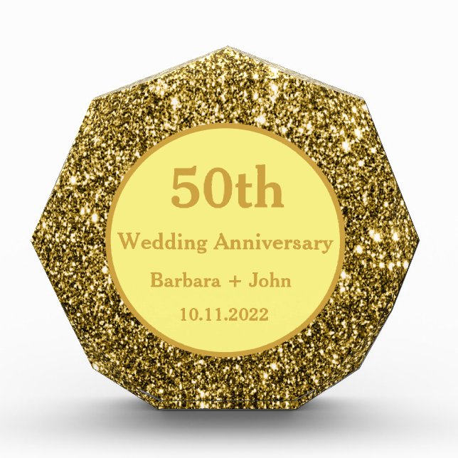 50th Golden Wedding Anniversary Sparkle Gold Glam Acrylic Award (Front)