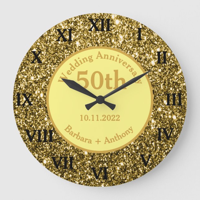 50th Golden Wedding Anniversary Sparkle Gold Glam  Large Clock (Front)
