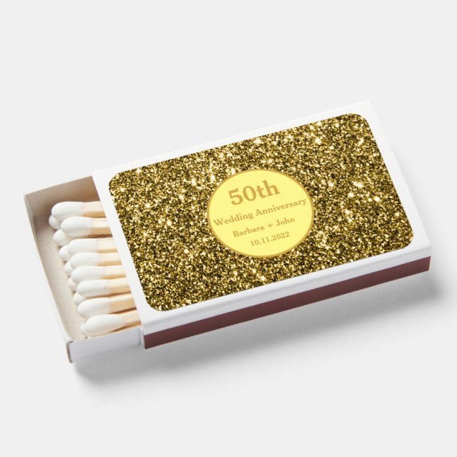 50th Golden Wedding Anniversary Sparkle Gold Glam Matchboxes (Front Open)