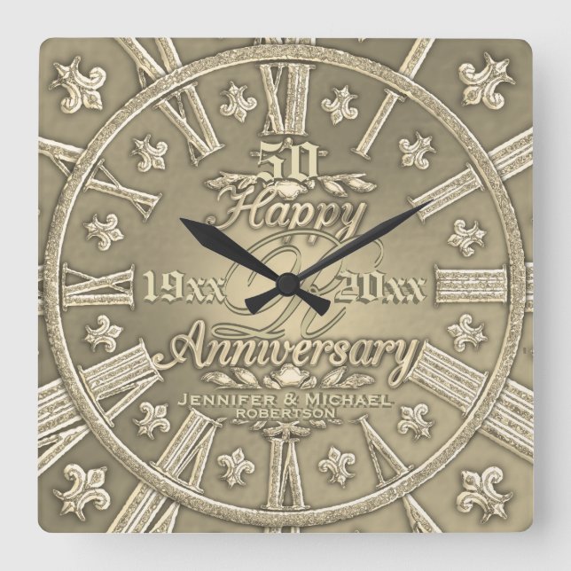 50th Golden Wedding Anniversary Square Square Wall Clock (Front)