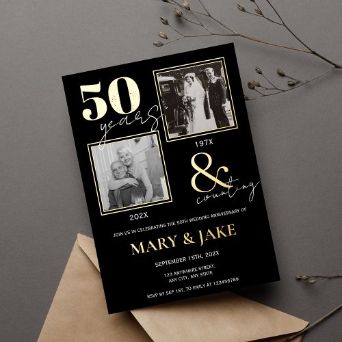50th Golden Wedding Anniversary Then  Now Foil Invitation