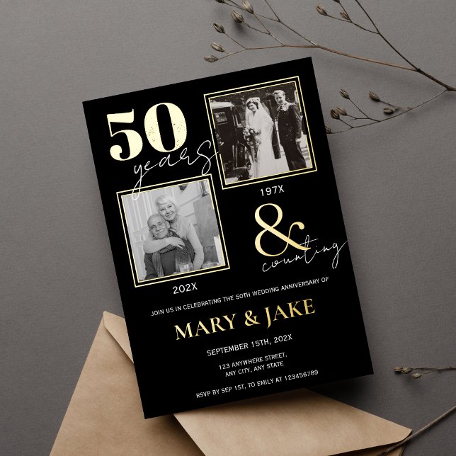 50th Golden Wedding Anniversary Then & Now Foil Invitation (Creator Uploaded)