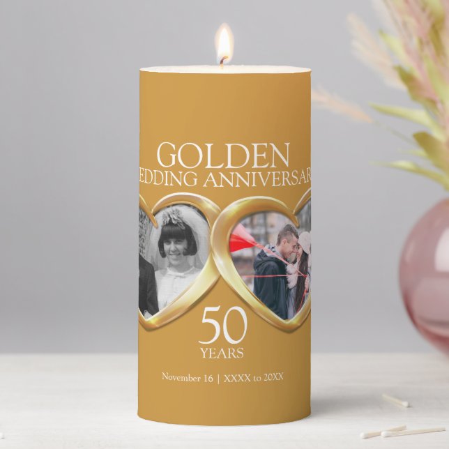 50th golden wedding anniversary two photo hearts pillar candle (In Situ)