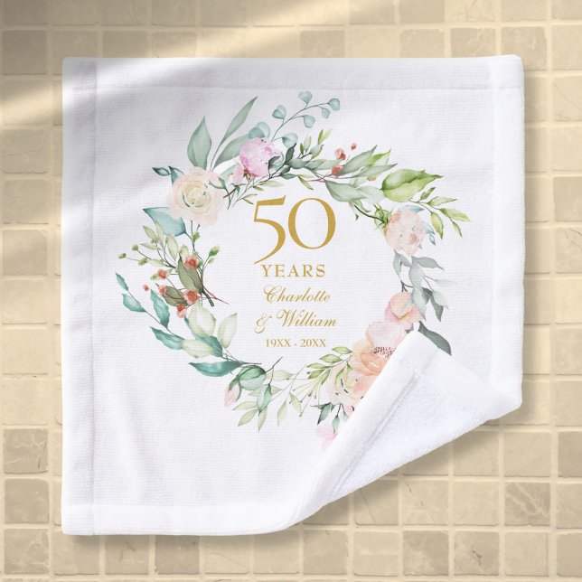 50th Golden Wedding Anniversary Watercolor Floral Bath Towel Set (50th Golden Wedding Anniversary Watercolor Floral Bath Towel Set)