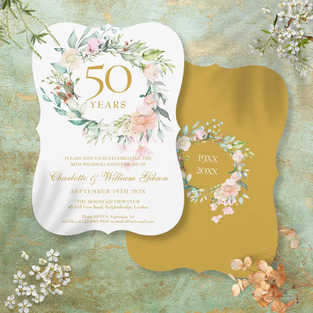 50th Golden Wedding Anniversary Watercolor Floral Invitation | Zazzle