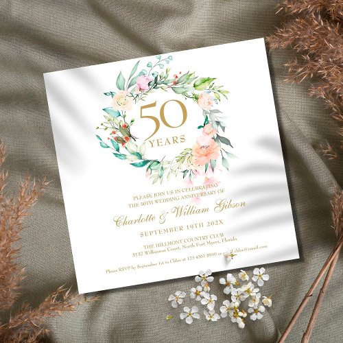 50th Golden Wedding Anniversary Watercolor Floral Invitation