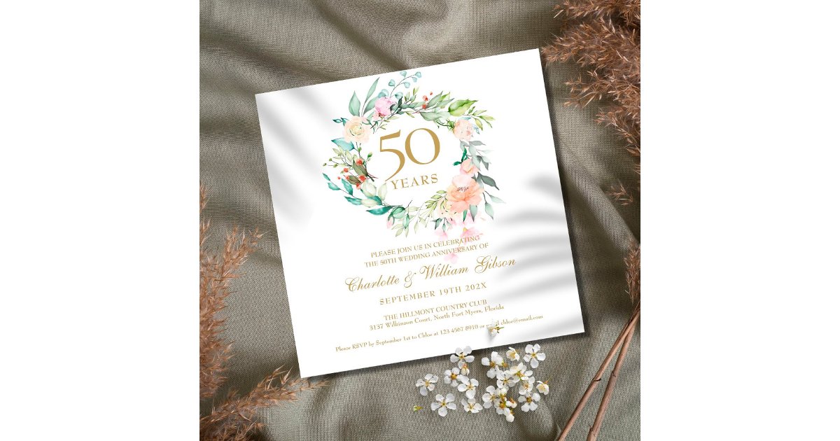 50th Golden Wedding Anniversary Watercolor Floral Invitation | Zazzle