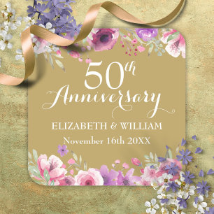 50th Golden Wedding Anniversary Watercolor Roses Square Sticker