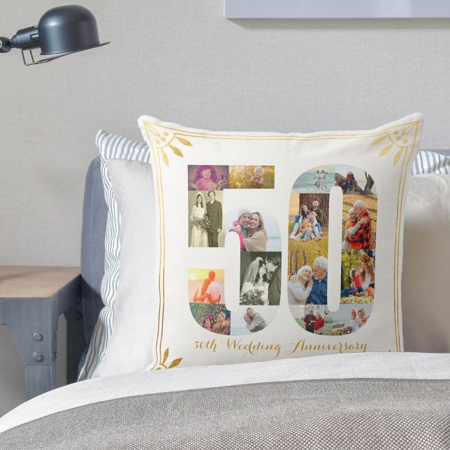 50th Golden Wedding Anniversary White & Gold Photo Throw Pillow (Creator Uploaded)
