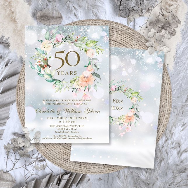 50th Golden Wedding Anniversary Winter Floral Invitation (50th Golden Wedding Anniversary Winter Floral Invitation)