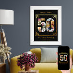 50th Golden Wedding Personalized Photo Collage Poster<br><div class="desc">Personalized 50th Golden Wedding Anniversary gift for parents. This black and gold poster features a number 50 shaped photo collage with an elegant art deco style frame and ornate script typography. The template is set up ready for you to add your names, custom text and wedding date. The photo collage...</div>