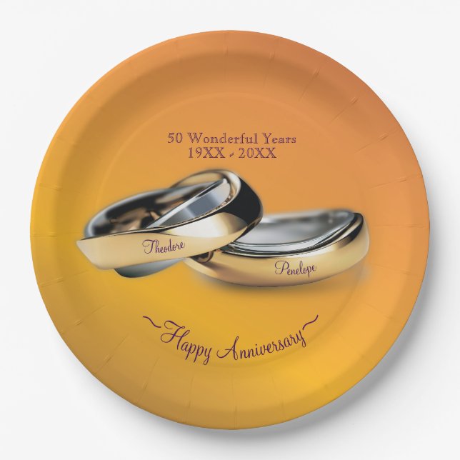 50th ✨💛 Golden Wedding Rings Anniversary Paper Plates (Front)