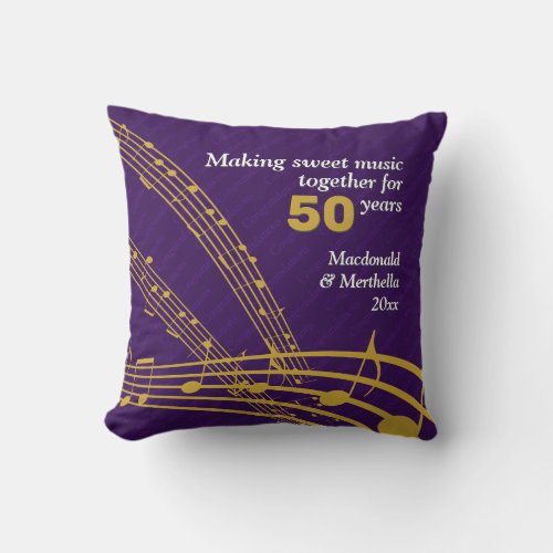 50th GOLDEN Wedding  Sweet   MUSIC NOTES Throw Pillow