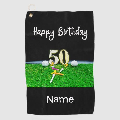 50th Golf birthday to golfer with balls and tees  Golf Towel