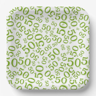 50th Green/White Random Number Pattern Paper Plates