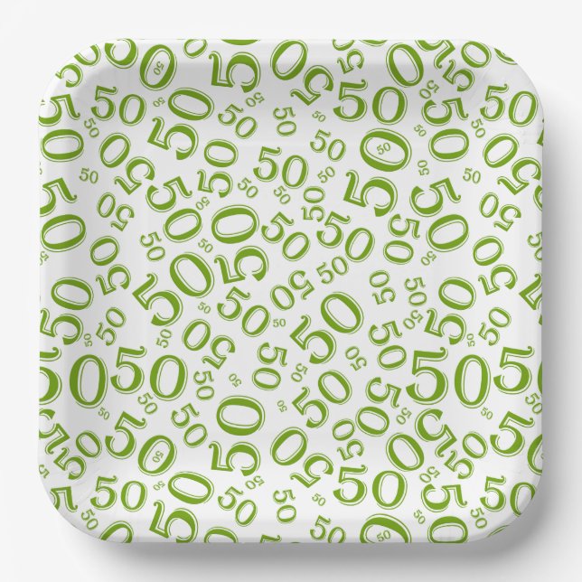 50th Green/White  Random Number Pattern Paper Plates (Front)