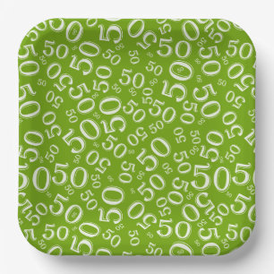 50th Green/White  Random Number Pattern Paper Plates