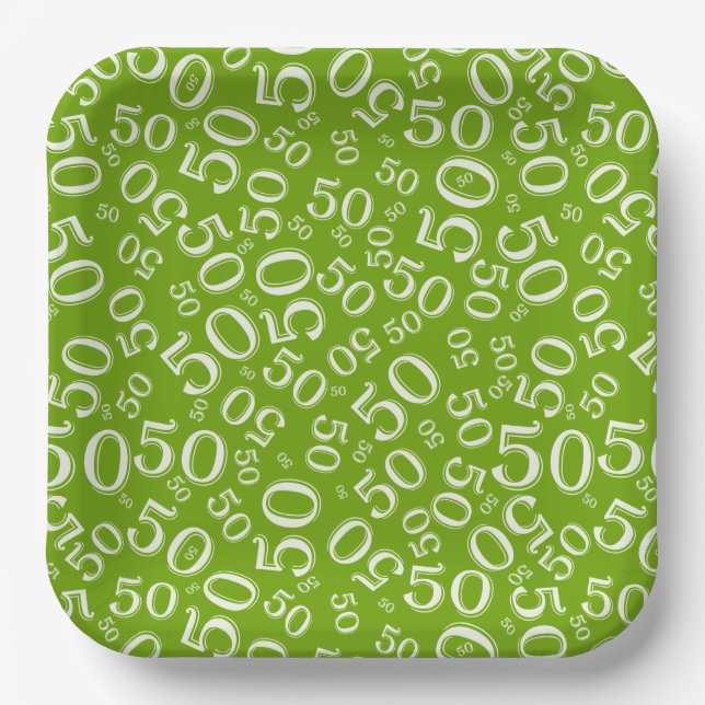 50th Green/White  Random Number Pattern Paper Plates (Front)