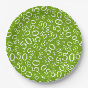 50th Green/White Random Number Pattern Paper Plates