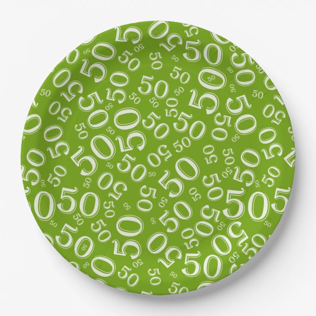 50th Green/White  Random Number Pattern Paper Plates (Front)