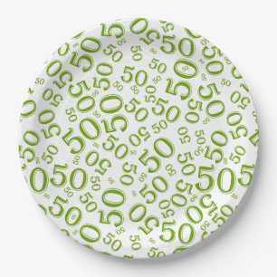 50th Green/White Random Number Pattern Paper Plates