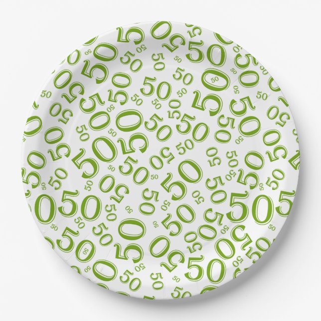 50th Green/White Random Number Pattern Paper Plates (Front)