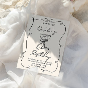 50th Hand Drawn Black & White Bow Martini Birthday Invitation