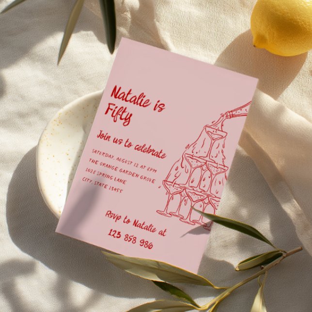 50th Hand Drawn Champagne Tower Fifty Birthday Invitation (Creator Uploaded)