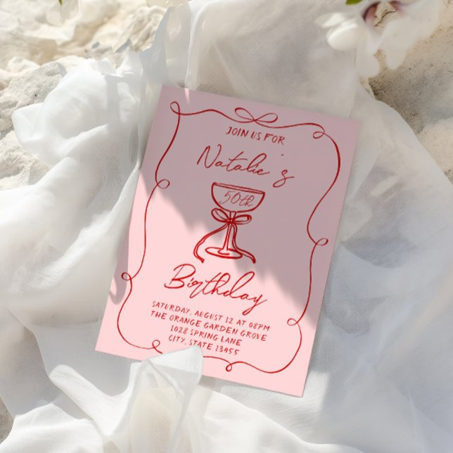 50th Hand Drawn Red Bow Martini Fifty Birthday  Invitation (Creator Uploaded)