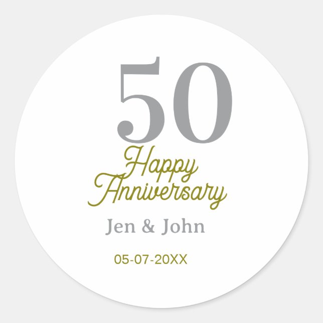 50th happy anniversary name date silver gold date  classic round sticker (Front)