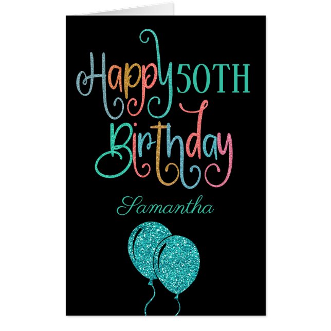 50th Happy Birthday Artsy Text Name Multicolor Card (Front)