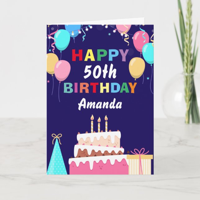50th Happy Birthday Balloons Cake Navy Blue Card (Front)