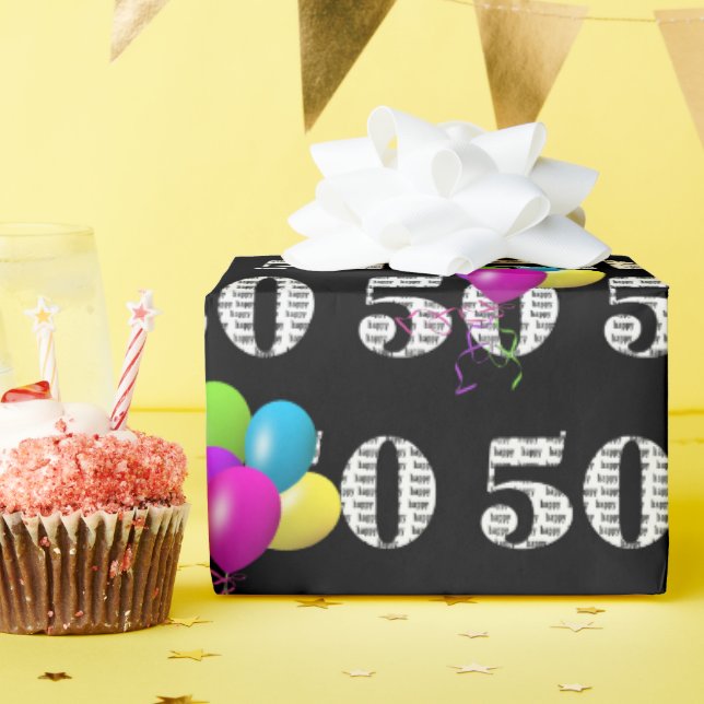 50th Happy Birthday Balloons On Black Wrapping Paper (Birthday Party)