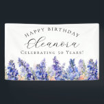 50th Happy Birthday Banner Blue July Birth Flower<br><div class="desc">Elegant summer watercolor blue larkspur flowers create a beautiful floral border at the bottom of this happy birthday banner. Larkspur or delphinium flowers are the July birth flower. A trendy font combination gives it a modern aesthetic. All of the text is editable.</div>