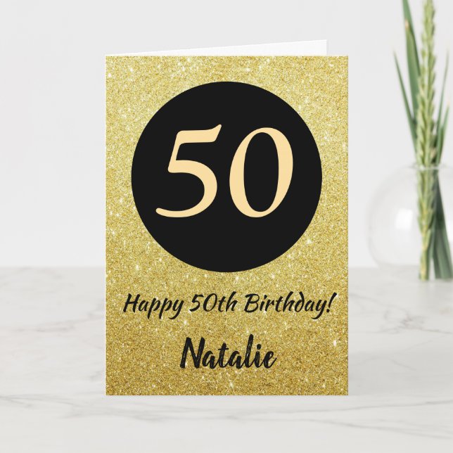 50th Happy Birthday Black and Gold Glitter Card (Front)