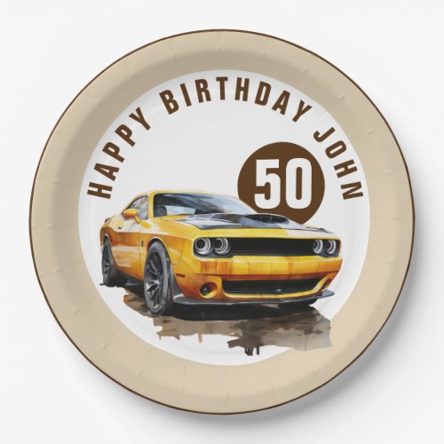 50th Happy Birthday Classic Muscle Car Paper Plates