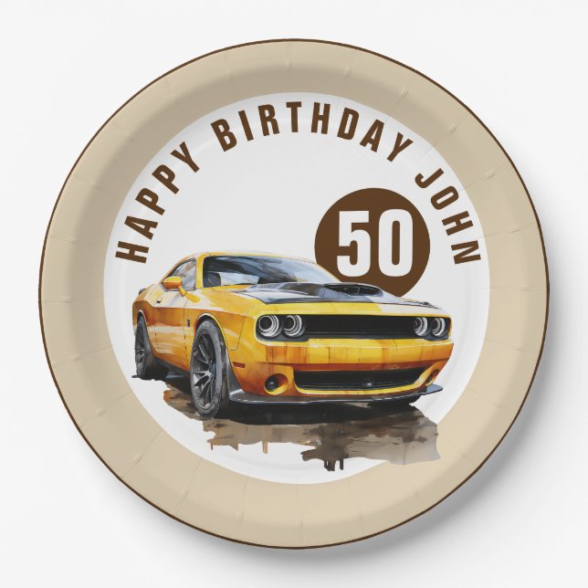 50th Happy Birthday Classic Muscle Car Paper Plates (Front)