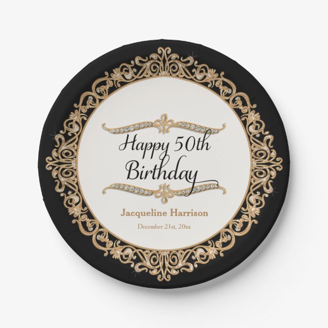 50th Happy Birthday Party Celebration Jewel Look Paper Plates (Front)