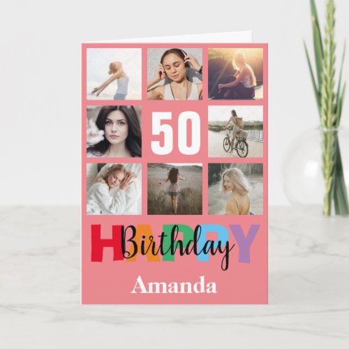 50th Happy Birthday Photo Collage Modern Pink Card